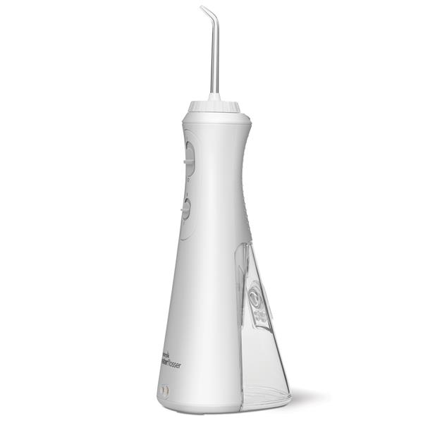 Vista lateral - Irrigador bucal WP-450 Cordless Plus blanco, mango y punta